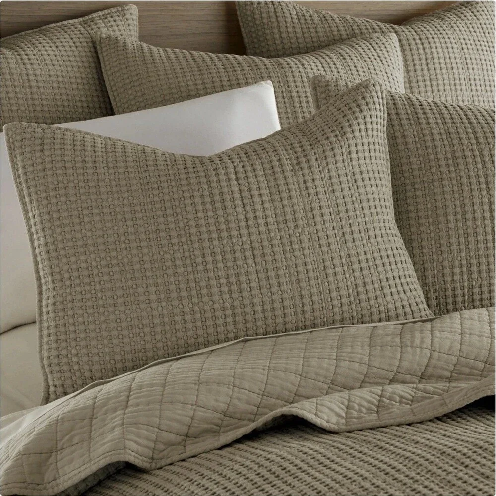Levtex Home Mills Waffle Quilt Set King Cal King Wheat Cotton Textured $180 MSRP